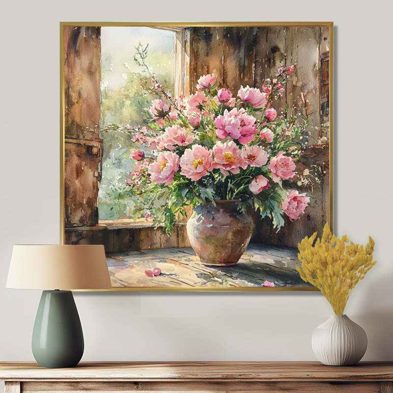 Assortiment de bouquets de fleurs d'été à la grange I - Assortiment de bouquets d'art mural, H 36 po x l 36 po, Doré