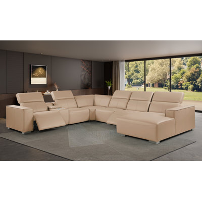 Canapé modulaire en forme de L 7 pièces BEIGE en cuir véritable avec 2 fauteuils inclinables et appuis-tête réglables