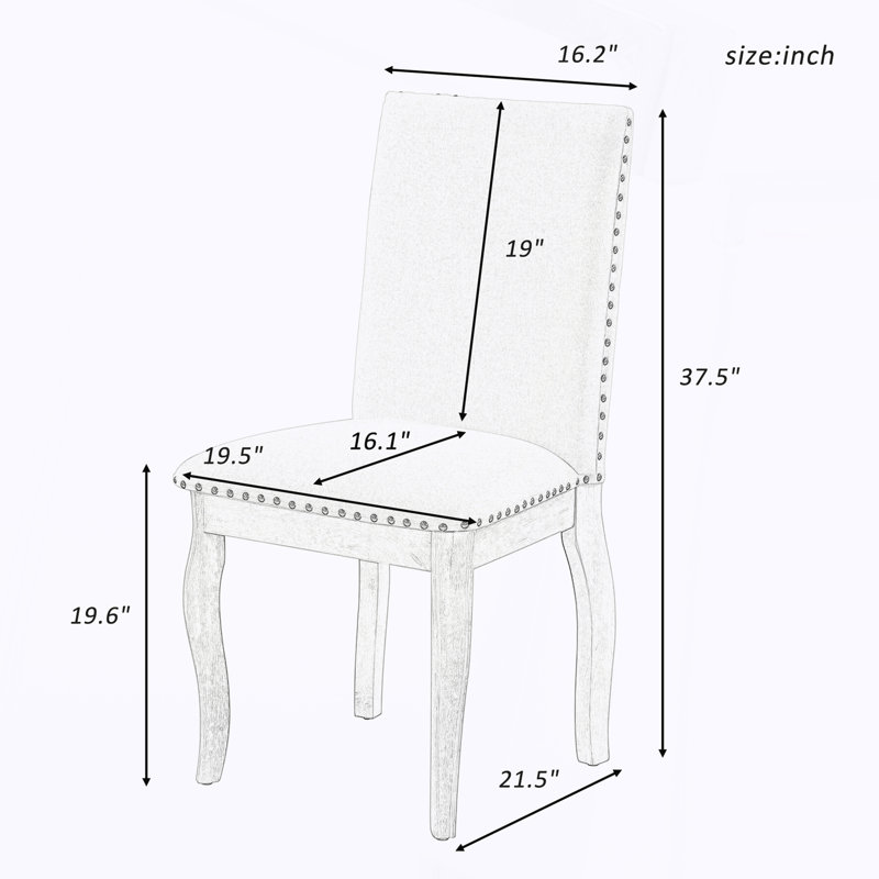 Ensemble de 2 chaises de salle à manger rembourrées en bois avec tête de clou Fabirc, Blanc antique, Blanc antique