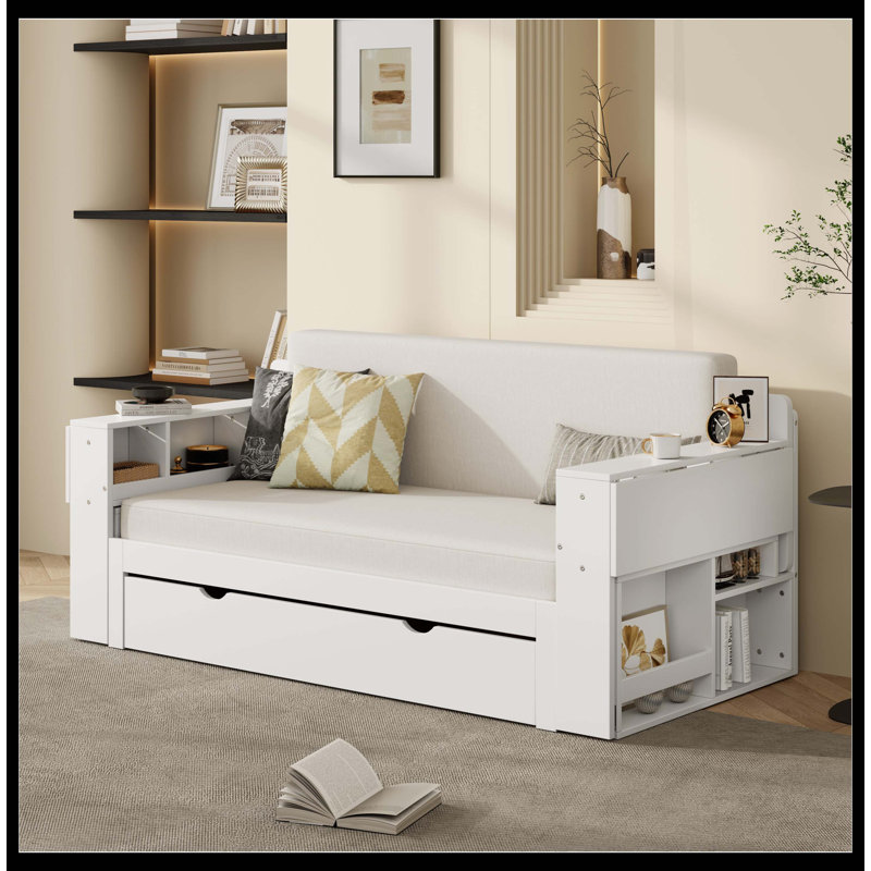 Full Size Daybed With Removable Desk, Storage Drawers & Hydraulic Side Table, White, White