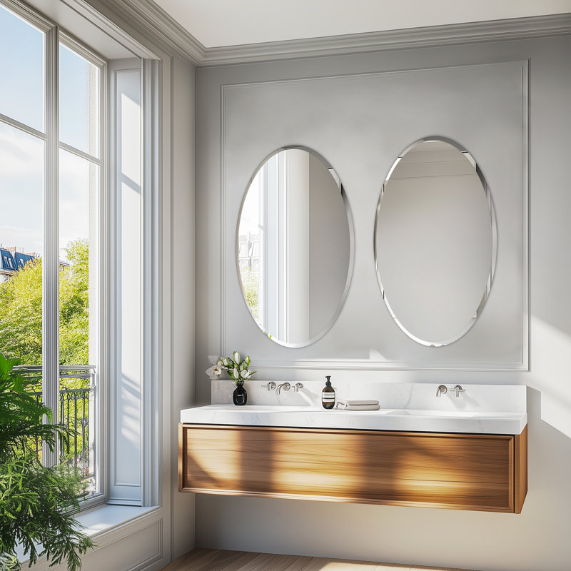 Minimalist Frameless Oval Decorative Wall Hanging Mirror Silver Vanity Mirror, 31.5" x 24"