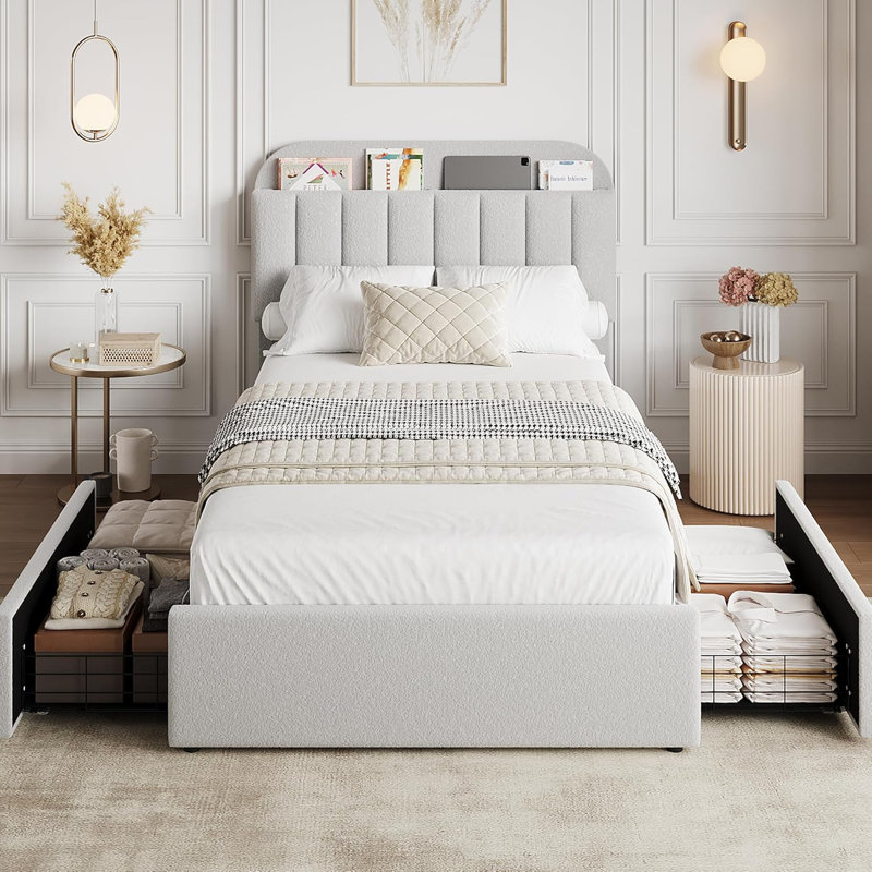 Cadre de lit avec tête de lit avec rangement, cadre de lit avec 2 tiroirs, Gris, Lit simple