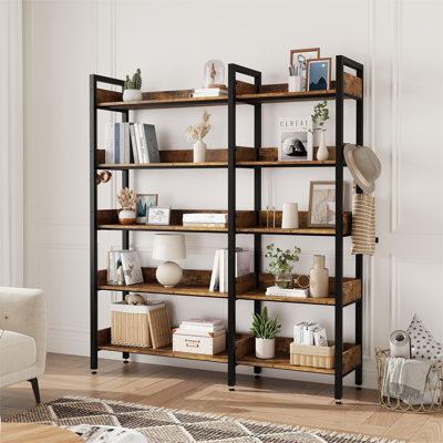 Bibliothèque de coin industrielle à 5 niveaux avec structure en métal robuste et fonction convertible et 4 crochets, conçue pour durer dans le salon, la chambre à coucher et le bureau personnel