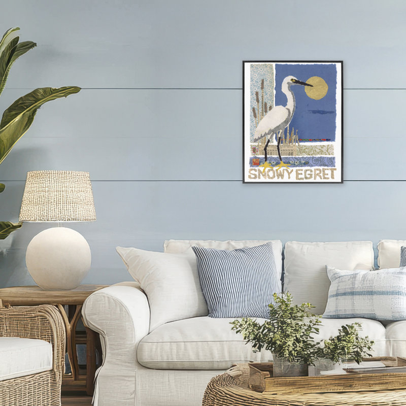 Giclée encadrée nautique, aigrette, par Nancy Overton, H 20 po x l 16 po, Giclée encadrée noir minuit