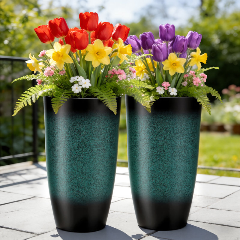 23.5" Tall Plastic  Planters for Outdoor Plants Modern Large Flower Pots Faux Ceramic Glaze, Gradient Turquoise