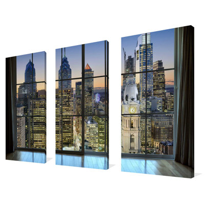 Philadelphia, Pennsylvania, USA Downtown Skyline Window - ensemble de 3 reproductions de photos sur toiles tendues