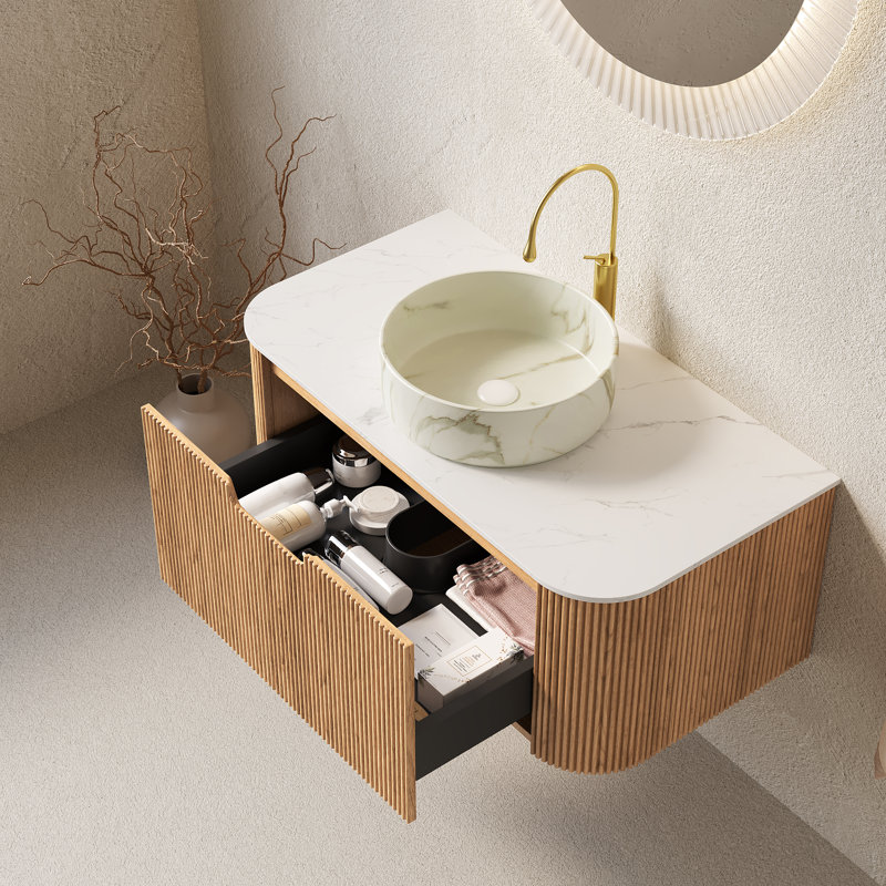 Meuble-lavabo de salle de bain, meuble de rangement rayé à bords arrondis avec 2 tiroirs, lavabo rond en céramique mat et plateau en pierre frittée, pré-assemblé
