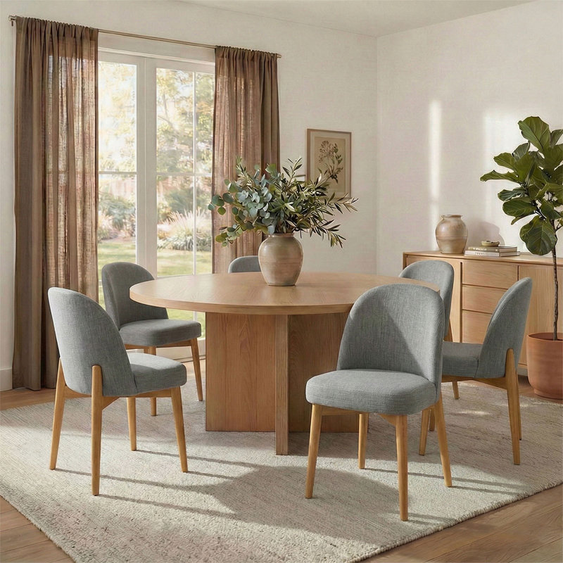Modern 7-Piece 60-Inch Round Oak Veneer Dining Set With 6 Linen Chairs, Gray