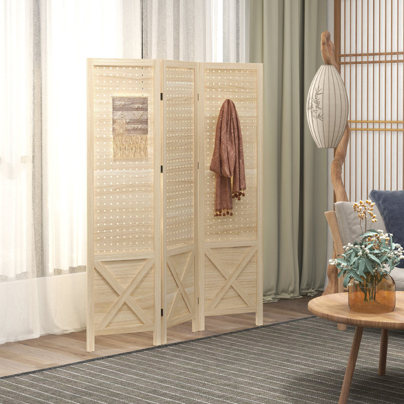 Paravent 4,7 pi à 3 panneaux en bois avec panneau perforé, écran d'intimité pliable pour bureau personnel, naturel