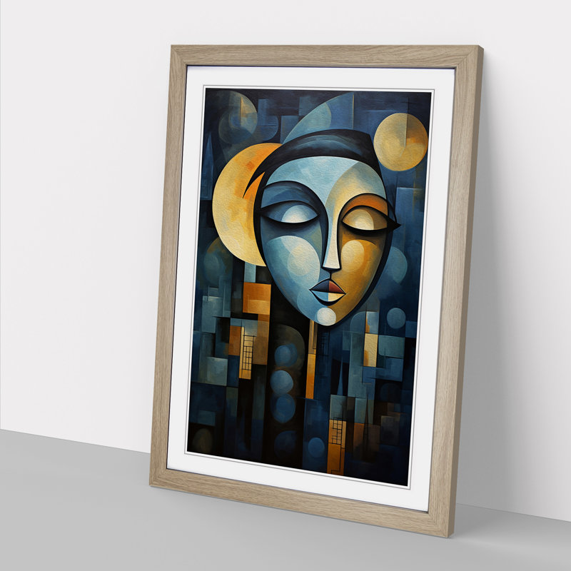 Moon Cubism - Single Picture Frame Print on Wood, Oak , 64cm H x 46cm W x 2cm D