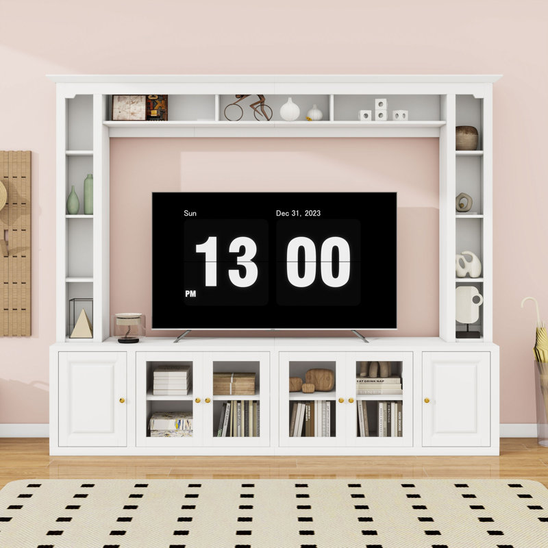 Meuble audio-vidéo 4 pièces avec bibliothèque et armoires, meuble télé pour téléviseur de 80 po ou moins, White