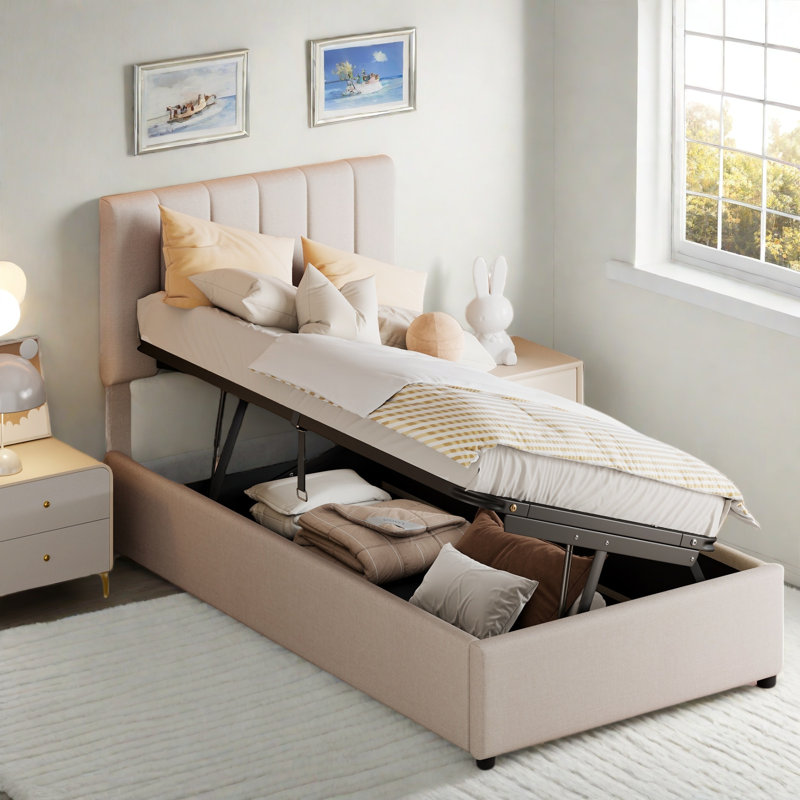 Lit plateforme tapissier avec système de rangement hydraulique, tête de lit à rayures verticales, Beige