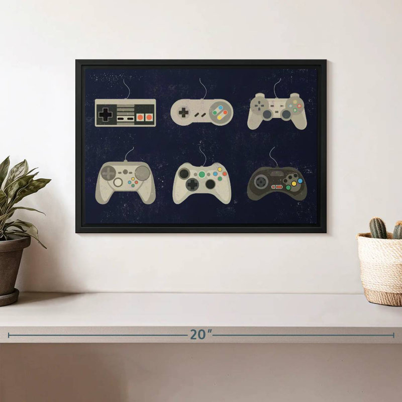 Video Game Controller Evolution, 13" X 9", Floating Frame Black
