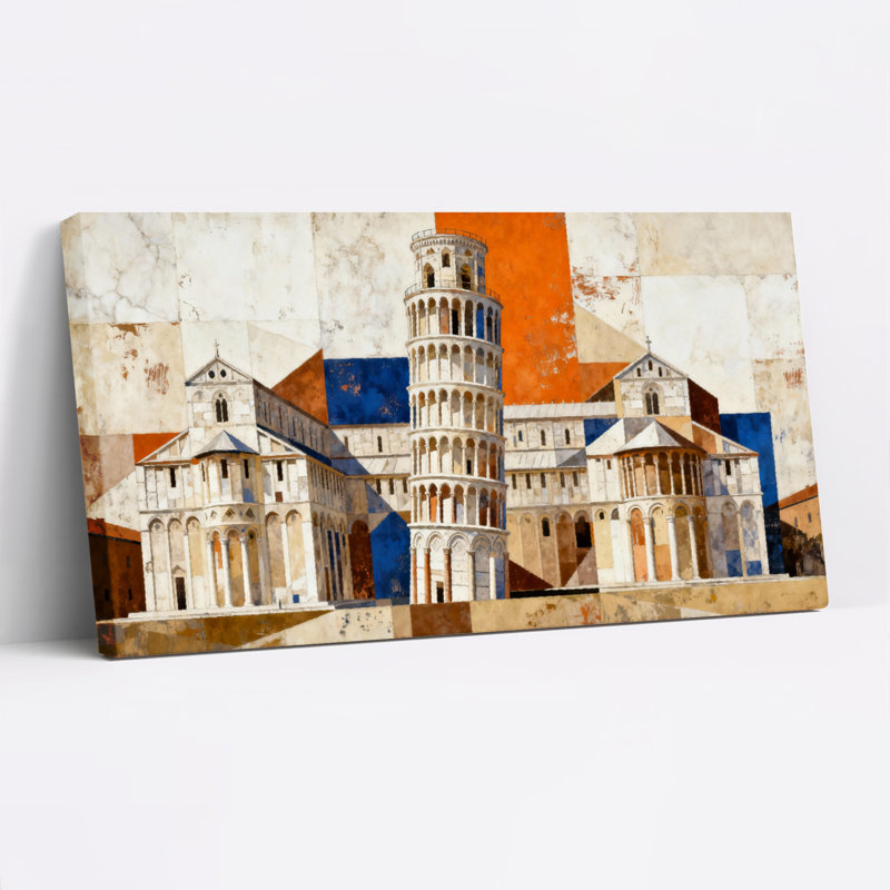 Ensemble de 1 tableau sur toile tendue représentant la tour et la cathédrale de Pise, H 20 po x l 40 po