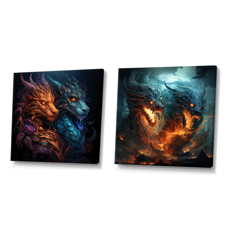 Fire Breathing Dragons Lair I - ensemble de 2 décorations murales Dragons, Toile tendue, H 36 po x l 73 po x P 1,5 po