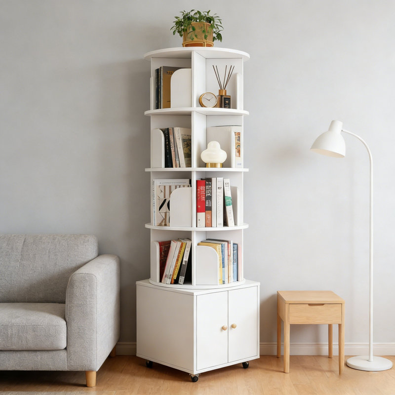 Rotating Bookshelf, 360 Degree Display 5 Tier Corner Bookshelf With Drawer For Small Space, Floor Standing Heise Storage Rack, Wood Narrow Book Shelf Organizer