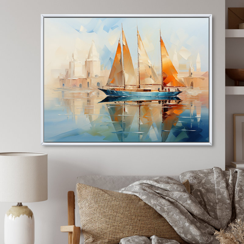 " Boat Abstract Maritime Symphony III ", White Floater Framed, 24" H x 32" W x 1" D