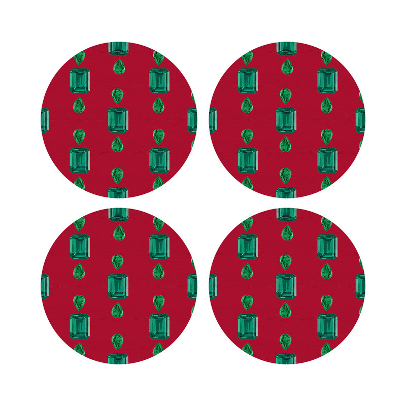 Gem Emeralds Gold Vegan Leather Round Coasters, Red