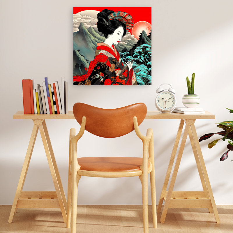 Geisha et soleil rouge abstrait paysage contemporain, art mural, 18" H x 18" W