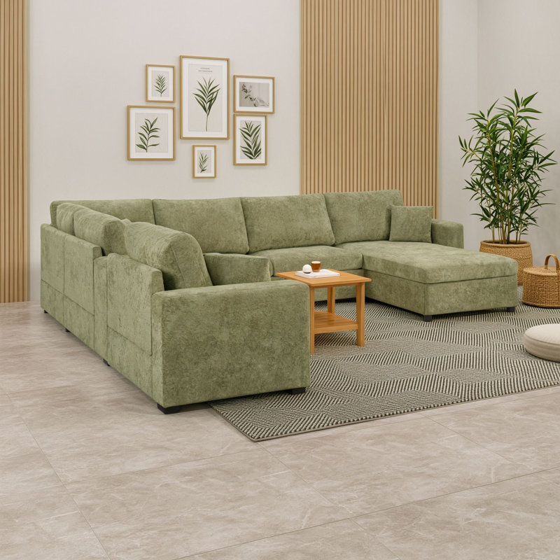 Canapé d'angle 5 places avec rangement intégré et porte-gobelets, revêtement en tissu chenille confortable, Vert