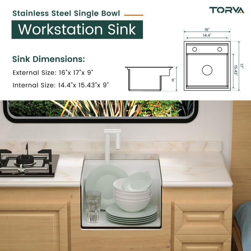 RV Kitchen Sink, 16 x 17 x 9 Inch Undermount Bar Sink with Foldable Faucet Cutting Board, White