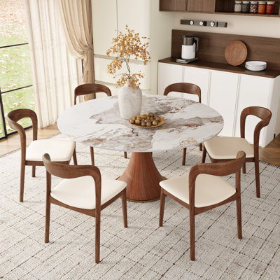 Stone Round Dining Table Set With 2/4/6 Premium Solid Wood Leather Dining Chairs