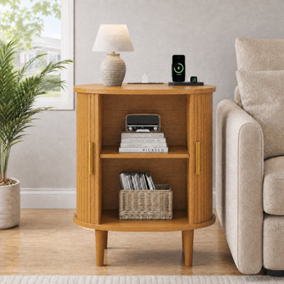 Table de bout moderne de style Mid-Century 23,62 "avec station de charge et rangement pour porte coulissante