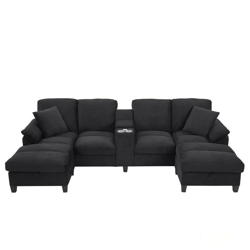 Modern U-Shaped Sofa 116.9 Inch Sectional With Storage, Cup Holders, And USB Ports For Comfortable Living, Black