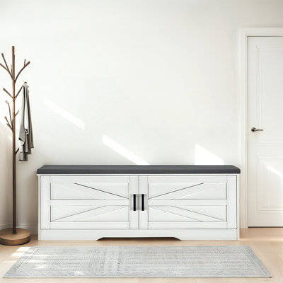 39.4" W Farmhouse Shoe Storage Bench with Cushion, White Entryway Bench with Barn Doors & Adjustable Shelves, 300lbs