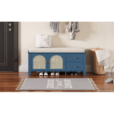 Banc à chaussures, banc à chaussures rétro avec rangement et coussin, banc à chaussures avec 2 tiroirs et 2 portes en rotin pour l'entrée, la chambre à coucher, le salon