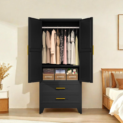 71''H Metal Armoire Wardrobe Closet Storage Cabinet with Hanging Rod and  2 Drawers