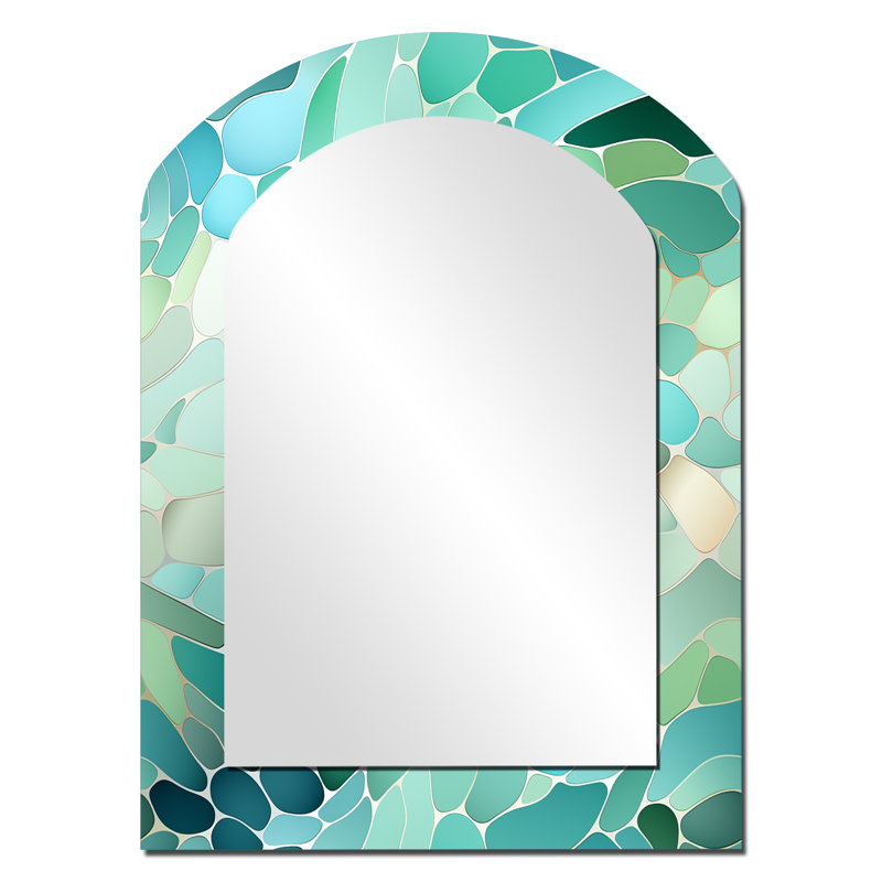 Motif de bord de mer mosaïque émeraude - grand miroir mural arqué sur métal, 34 po x 25 po