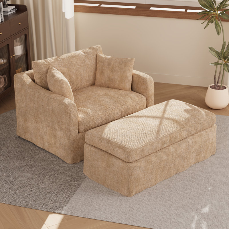 Accent Chair Set,Chenille Accent Armchair And Ottoman, Wheat