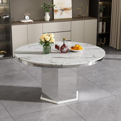 47"-63" Faux Marble Dining Table for 4 6, Modern White Round to Oval Dining Room Table with Mirrored Pedestal, Extendable Kitchen Dinner Conference Tables for Living Dining Room