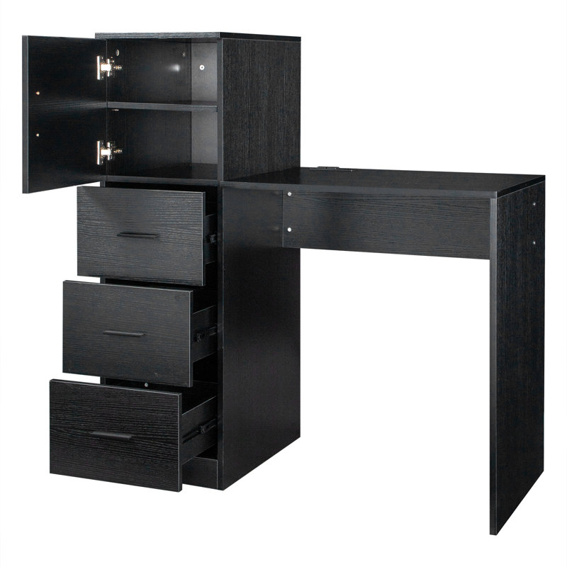 Bureau 44 po noir avec armoire et 3 tiroirs pour bureau d'ordinateur avec prises USB et ports USB, Noir, noir, noir, noir