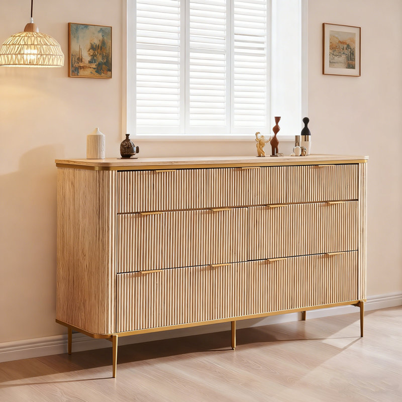 Commode moderne en bois à 7 tiroirs avec commode de rangement avec poignées en métal, Chêne naturel