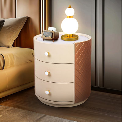 Fully Assembled Round Bedroom Nightstand With 3 Drawers Pvc Leather Storage Cabinet Sintered Stone-top Bedside Table