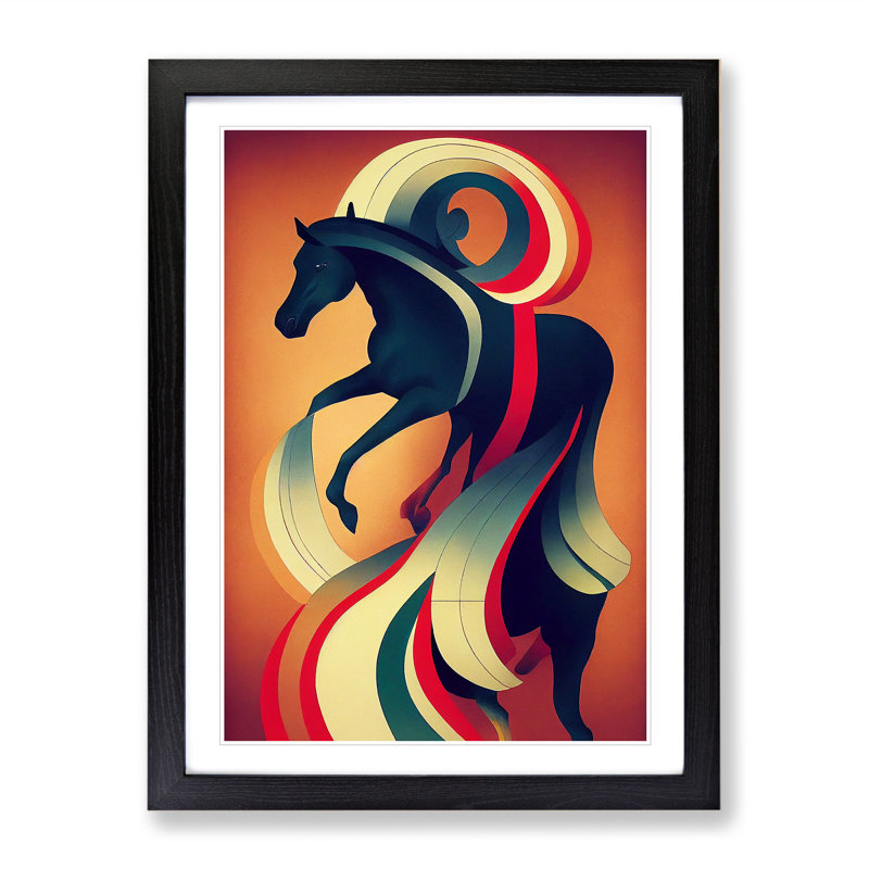 Horse Deco No.2 - Single Picture Frame Print, Black, 64cm H x 46cm W x 2cm D