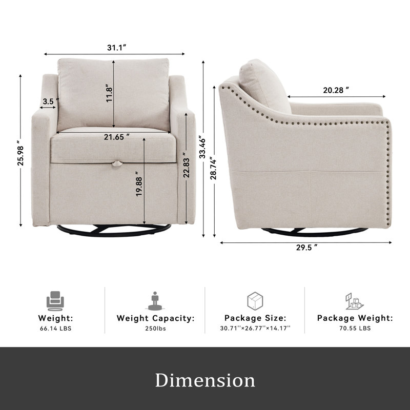 Fauteuil d'appoint pivotant à 360 ° avec coussin rembourré, dossier unique, accoudoirs avec finition rivetée, fauteuil simple avec dossier haut pour le salon