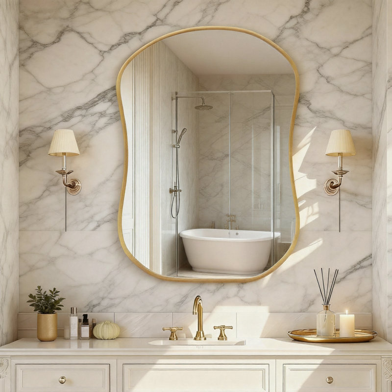 Contemporary Asymmetric Wall Mirror with Concave Edges for Bathroom Vanity, Living Room Decor, Gold, 32" x 24"