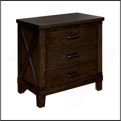Rustic Style Dark Walnut Finish 1Pc Nightstand Bedroom Furniture Solid Wood 3-Drawers Bedside Table Black Bar Pulls