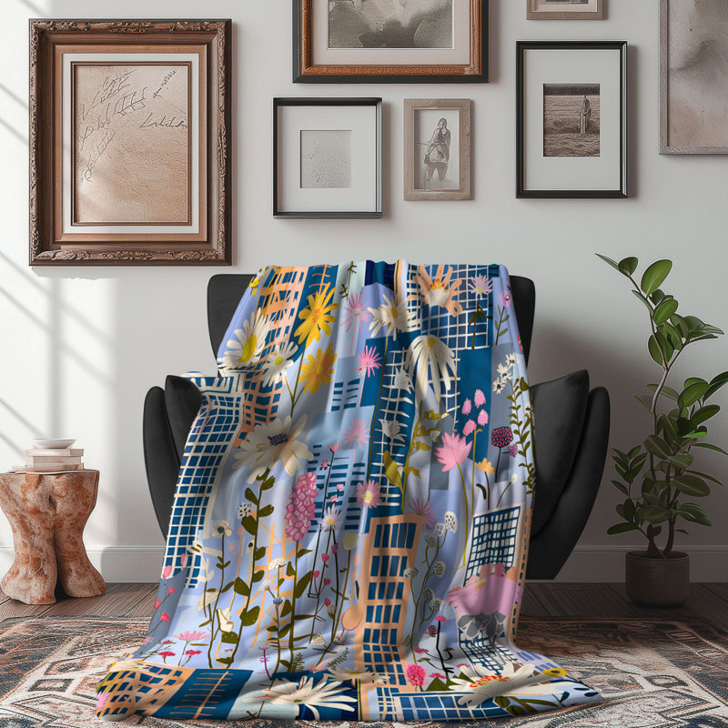Couverture en sherpa de qualité supérieure Cityscape Floral Nostalgia - 1 pièce, Grand lit