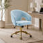 Fauteuil de bureau pivotant ergonomique réglable avec dossier confortable, base dorée et coussin bleu pour une assise prolongée