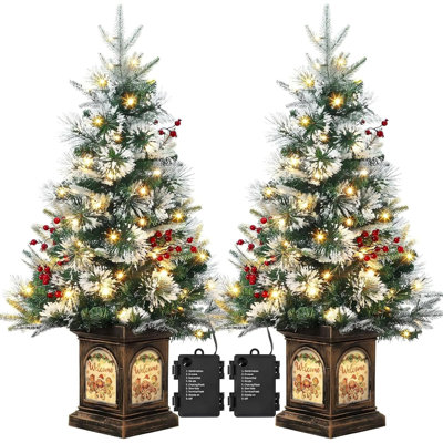 Arbre de Noël artificiel illuminé 3 pi avec 78 lumières DEL, flocons de neige et baies rouges, base en wapiti blanc, ensemble de 2, pour la maison, le porche, le bureau, la décoration des fêtes