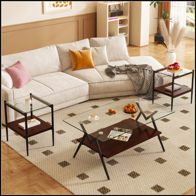 Ensemble de 3 tables basses et tables de bout élégantes en verre trempé au design transparent pour les espaces de vie modernes