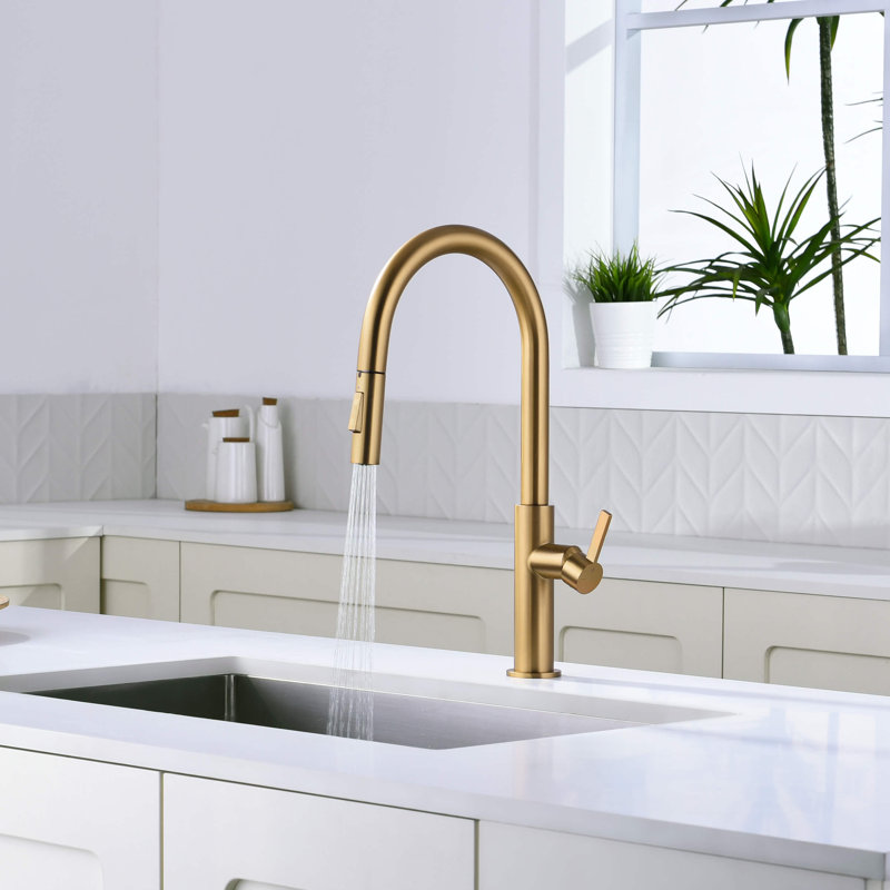 Novo Single Handle Pull Down Kitchen Faucet, Brushed Brass