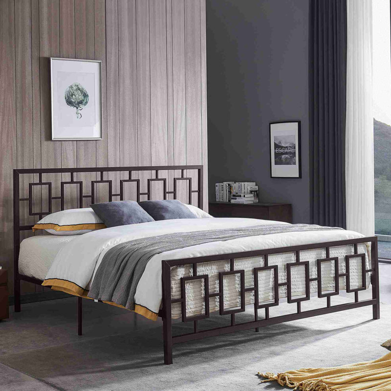 Structure de lit en métal très grand classique avec tête de lit rétro, aucun sommier requis, rangement sous le lit, cuivre