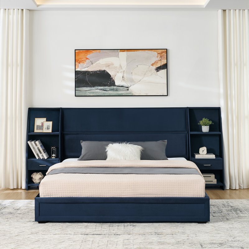 Structure de lit plateforme avec rangement pour grand lit et tête de lit en velours brillant, bibliothèques latérales et tiroirs, matelas non inclus - bleu foncé