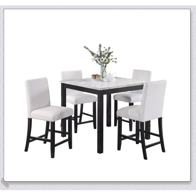 Modern 5pc Counter Height Dining Set with Faux Marble Top and White Faux Leather High Chairs for Elegant Dining