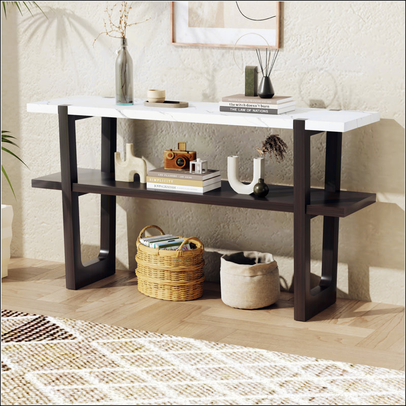 Espresso Wood Console Table with Marble-Effect Top and Storage Shelf